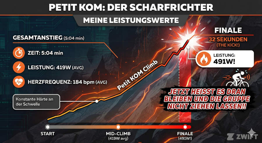 Infografik der Leistungsdaten am Petit KOM (Zwift): 5:04 Minuten Kletterzeit mit durchschnittlich 419 Watt und 184 bpm Herzfrequenz. Finaler Sprint über 32 Sekunden mit 491 Watt
